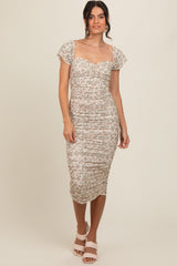 Cream Printed Stretch Knit Ruched Dress