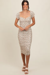 Cream Printed Stretch Knit Ruched Dress