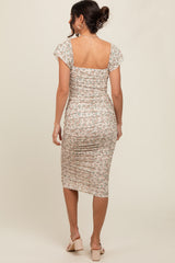 Cream Printed Stretch Knit Ruched Dress