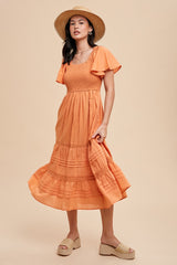 Orange Smocked Short Sleeve Midi Dress