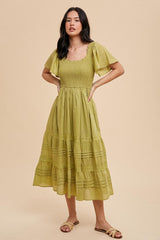 Green Smocked Short Sleeve Maternity Midi Dress