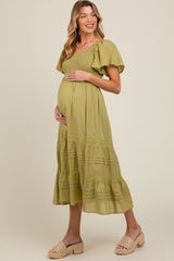 Green Smocked Short Sleeve Maternity Midi Dress