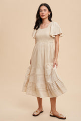 Cream Smocked Short Sleeve Maternity Midi Dress