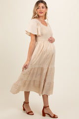 Cream Smocked Short Sleeve Maternity Midi Dress