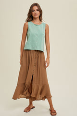 Hazelnut Button-Up Midi Skirt With Drawstring