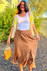 Hazelnut Button-Up Midi Skirt With Drawstring