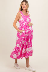 Fuchsia Floral Tiered Sleeveless Maternity Midi Dress