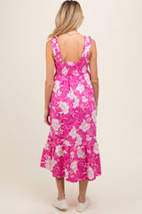 Fuchsia Floral Tiered Sleeveless Maternity Midi Dress