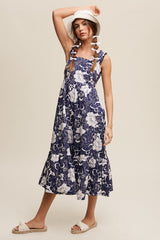 Navy Floral Tiered Sleeveless Midi Dress