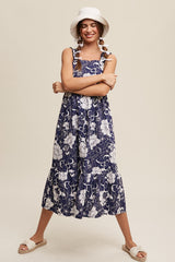 Navy Floral Tiered Sleeveless Midi Dress