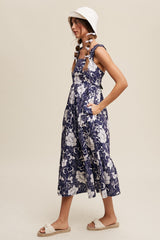 Navy Floral Tiered Sleeveless Midi Dress