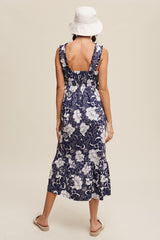 Navy Floral Tiered Sleeveless Midi Dress