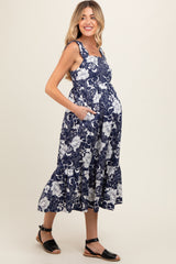 Navy Floral Tiered Sleeveless Maternity Midi Dress