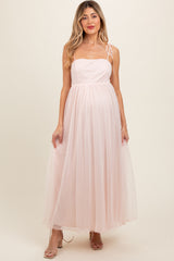 Light Pink Square Neck Shoulder Tie Tulle Maternity Maxi Dress