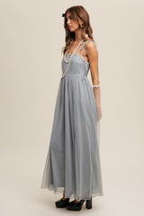 Green Square Neck Shoulder Tie Tulle Maxi Dress