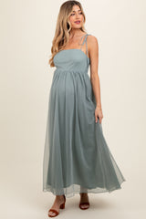 Green Square Neck Shoulder Tie Tulle Maternity Maxi Dress