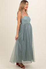 Green Square Neck Shoulder Tie Tulle Maternity Maxi Dress