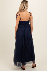 Navy Blue Square Neck Shoulder Tie Tulle Maternity Maxi Dress