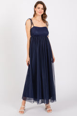 Navy Blue Square Neck Shoulder Tie Tulle Maternity Maxi Dress