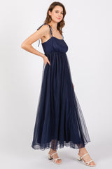 Navy Blue Square Neck Shoulder Tie Tulle Maxi Dress