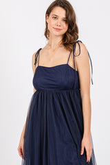 Navy Blue Square Neck Shoulder Tie Tulle Maxi Dress