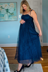 Navy Blue Square Neck Shoulder Tie Tulle Maternity Maxi Dress