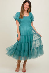 Teal Smocked Tiered Tulle Maternity Midi Dress