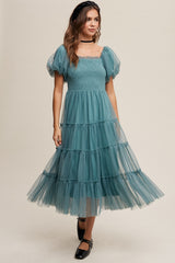 Teal Smocked Tiered Tulle Maternity Midi Dress