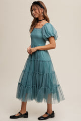 Teal Smocked Tiered Tulle Midi Dress