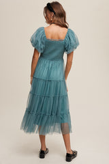 Teal Smocked Tiered Tulle Midi Dress