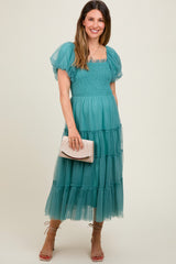 Teal Smocked Tiered Tulle Maternity Midi Dress