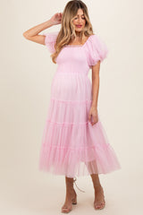 Light Pink Smocked Tiered Tulle Maternity Midi Dress