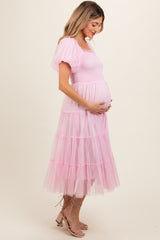 Light Pink Smocked Tiered Tulle Maternity Midi Dress