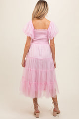 Light Pink Smocked Tiered Tulle Maternity Midi Dress