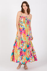 Green Printed Smocked Bodice Tiered Maternity Maxi Dress