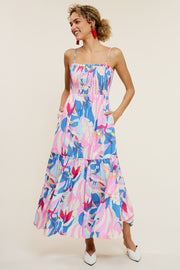 Pink Printed Smocked Bodice Tiered Maxi Dress