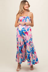 Pink Printed Smocked Bodice Tiered Maternity Maxi Dress