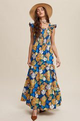 Blue Floral Smocked Tiered Maternity Maxi Dress