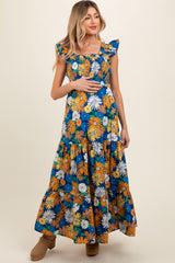 Blue Floral Smocked Tiered Maternity Maxi Dress