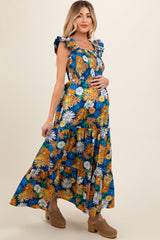 Blue Floral Smocked Tiered Maternity Maxi Dress