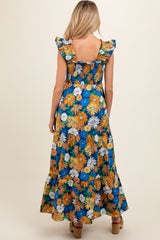 Blue Floral Smocked Tiered Maternity Maxi Dress