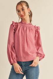 Raspberry Cream Ruffled Balloon Sleeve Top