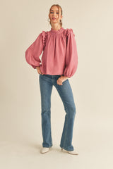 Raspberry Cream Ruffled Balloon Sleeve Top