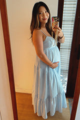 Light Blue Sleeveless Tiered Maternity Maxi Dress