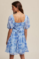 Blue Floral Puff Sleeve Mini Dress