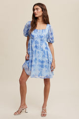 Blue Floral Puff Sleeve Mini Dress