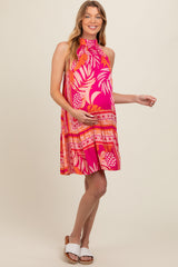 Fuchsia Tropical Print Back Tie Cutout Maternity Dress