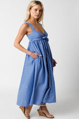 Blue Striped Front Tie Maxi Dress