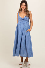 Blue Striped Front Tie Maternity Maxi Dress