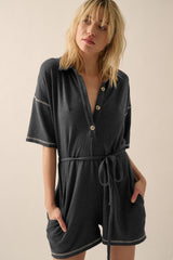 Charcoal Front Button Contrast Stitch Maternity Romper